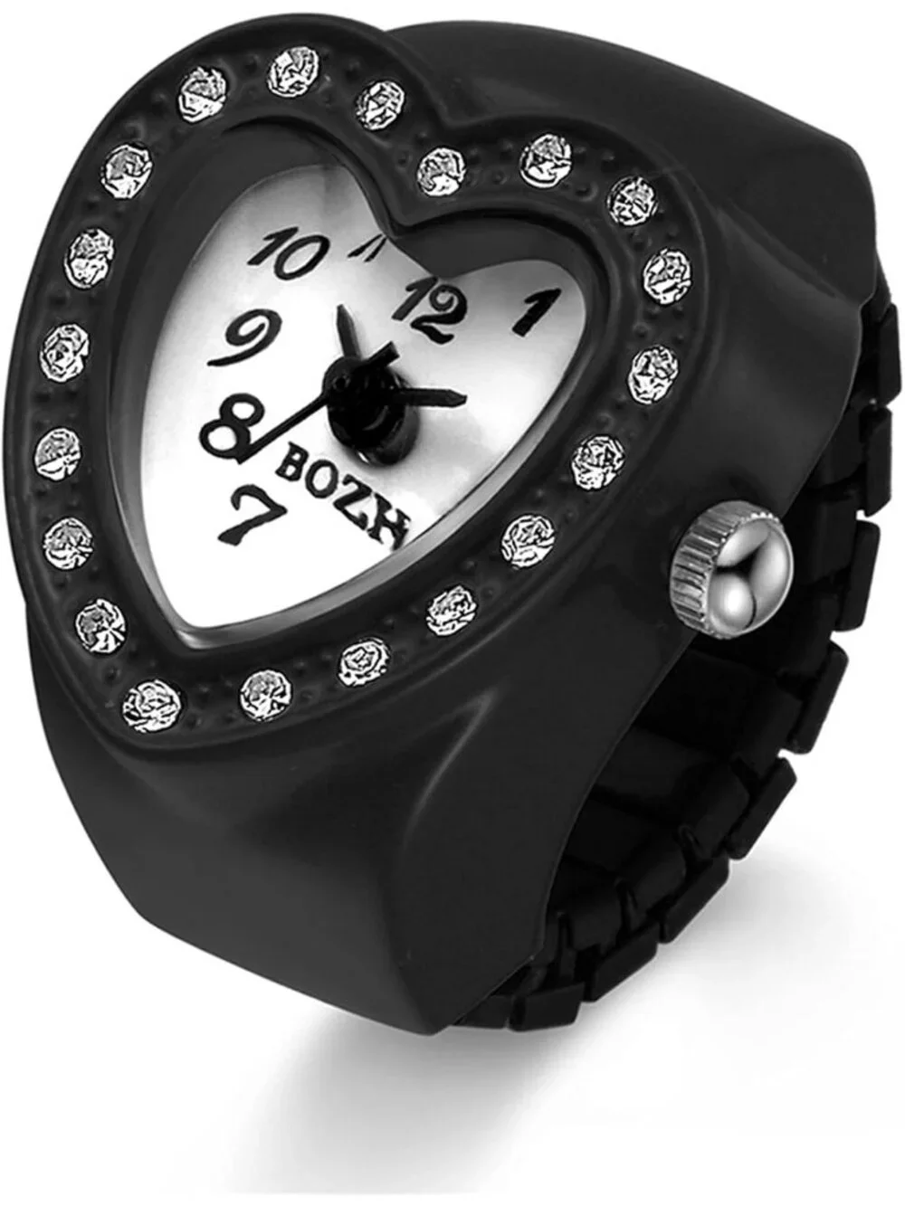 Unisex Black Analog Quartz Easy Read Adjustable Modern Heart Finger Ring Watch